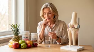 Femme de plus de 50 ans comparant des compléments de collagène sans étiquette, avec des fruits, un verre d’eau et un modèle d’articulation dans un intérieur lumineux.