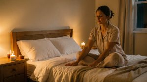 Une femme effectue des étirements doux dans une chambre chaleureuse avant de dormir, avec une tisane posée sur la table de chevet.
