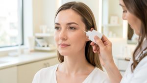 Femme au visage démaquillé faisant analyser la peau de sa joue avec un capteur dans un institut lumineux et professionnel.