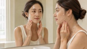Femme adulte appliquant délicatement un masque transparent sur son cou devant un miroir dans une salle de bain épurée et lumineuse.